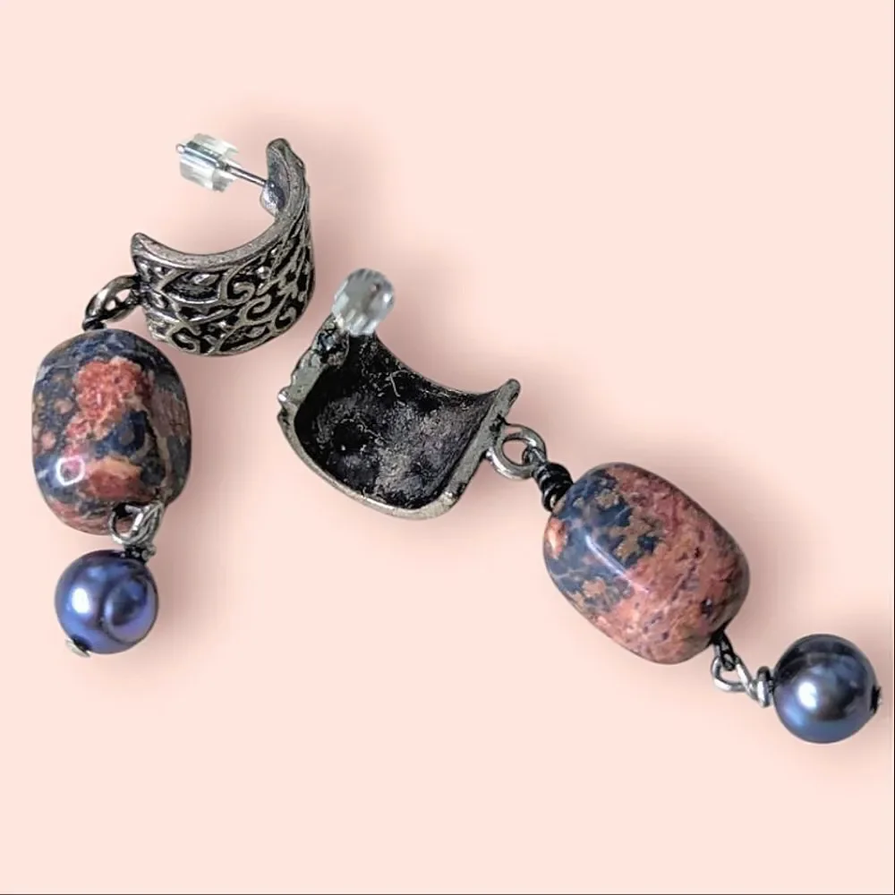 Natural Stone And Tooled Silver Dangle Earrings